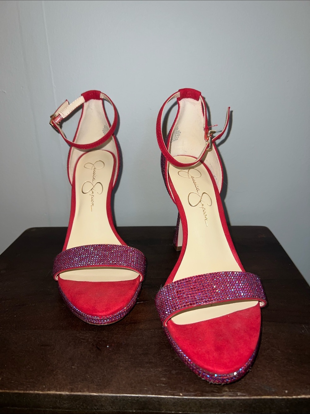 Jessica Simpson Red Suede Rhinestone Open Toe Ankle-Strap Heels